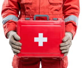 A person holding a red first aid kit with a white cross on it.