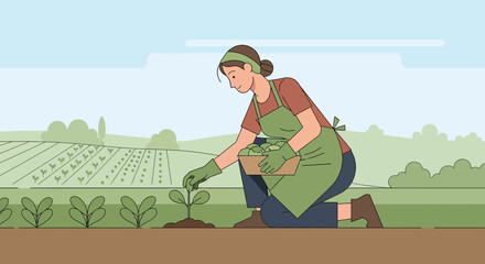 Woman planting young plants on a farm, showcasing sustainable farming practices and agricultural care