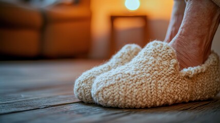Senior elderly feet wearing cozy handmade slippers on hardwood flooring displaying authentic aging characteristics with golden lighting