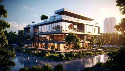 Obraz premium Modern office building in a landscaped setting