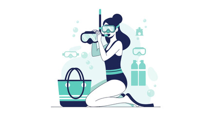 Woman preparing for a scuba diving adventure, ready to explore the underwater world with her equipment and gear in hand