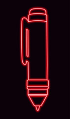 Glowing red neon pen. Modern design perfect for education, writing, office work, or digital content themes.