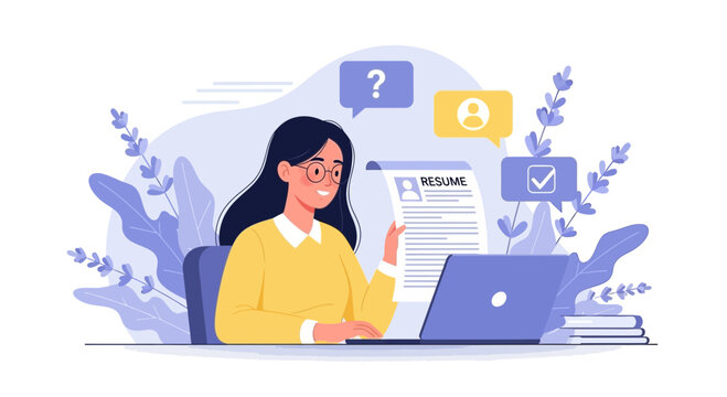 Woman preparing resume and applying for job online, career development illustration - Powered by Adobe