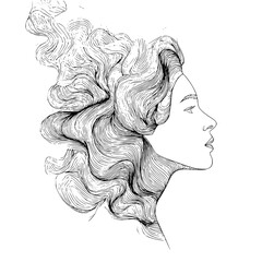 Fototapeta premium Woman face line art drawing portrait with wavy hair hairstyle sketch illustration art design vector artwork graphic