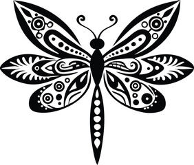 Intricate Black and White Dragonfly Tattoo Design with Tribal Patterns