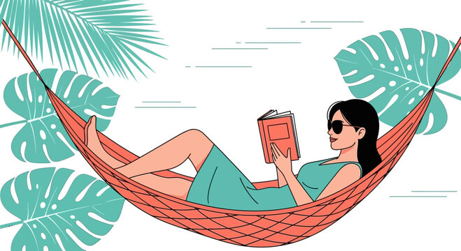 Woman Reading Relaxing In Hammock Under Palm Trees Vector Illustration