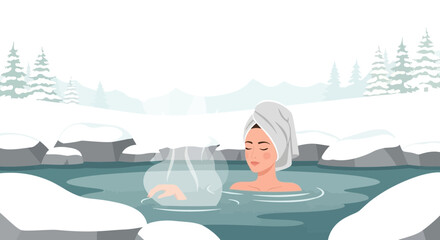 Woman Relaxing In Winter Hot Spring Bathe In Outdoor Scenic Spa Resort