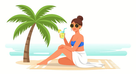 Woman relaxing on beach vacation sipping a refreshing cocktail under palm tree enjoying summer sun
