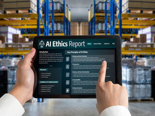 AI ethics responsibility standard law and rules on computer screen provide report of AI ethic...