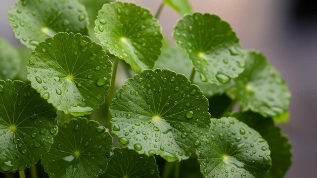 Lush Green Centella Asiatica Leaves Displaying Raindrops in a Close up Composition on a Dark Backdrop Representing Natural Wellness