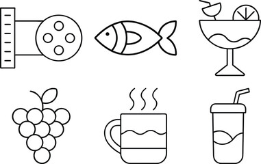 Collection of Minimalist Icon Designs Featuring a Fish a Drink and Fruits Perfect for Logo Designs and Illustration Projects or Summer Themed Graphics