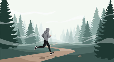 Obraz premium Woman running on a path through a serene forest landscape for health and wellness illustration