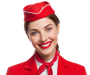 Beautiful stewardess in red uniform smiles directly at the camera, ready to assist.