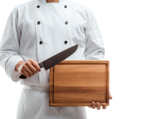 A chef holding a cutting board and a knife, ready to cook.