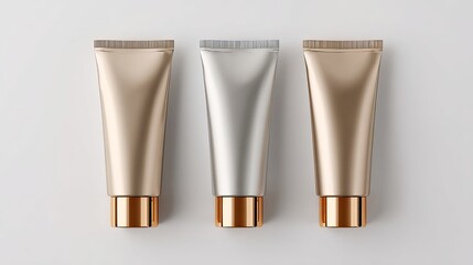 Elegant metallic cosmetic tubes, gold and silver, offering luxurious skincare and beauty product packaging mockups
