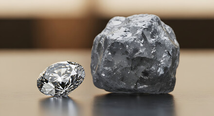 A brilliant polished cut diamond sits next to a rough uncut diamond illustrating the transformation from raw potential to refined value.