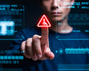 High Tech Digital Interface Man Interacting with Virtual Alert on Futuristic Screen Tapping Warning...