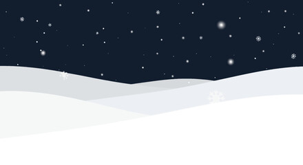 Winter wonderland illustration with snowy hills and falling snowflakes at night scene