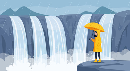 Obraz premium Woman with umbrella at a waterfall in the rain representing resilience and beauty in nature scene