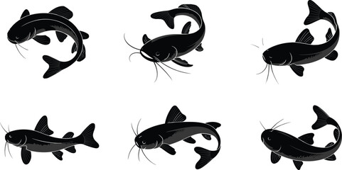 Vector illustration of six black catfish silhouettes, underwater aquatic fish set, freshwater species, nature wildlife design, fishing icons, water animal graphic