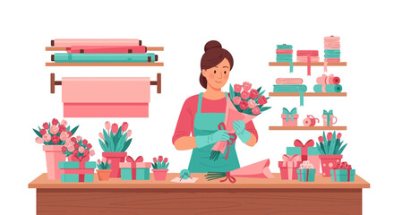 Woman working in her flower shop creating a beautiful bouquet illustration