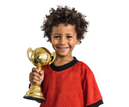 A young boy is happily celebrating a victory while holding a golden trophy.