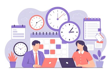Business team working together with multiple clocks and calendars
