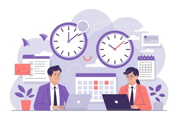 Business meeting with two people and clocks symbolizing time management