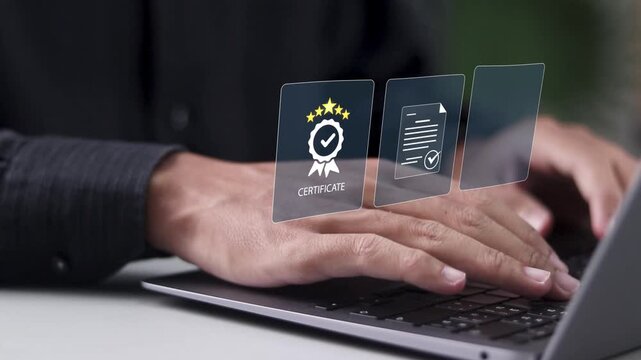 Digital certificate concept, Checklist documents, assessment for certificate and document approved. Quality management, Standardization, certification, regulatory compliance, service and standards.