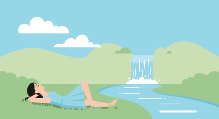 Obraz premium Woman lies peacefully by a river with waterfall, under a blue sky for relaxation