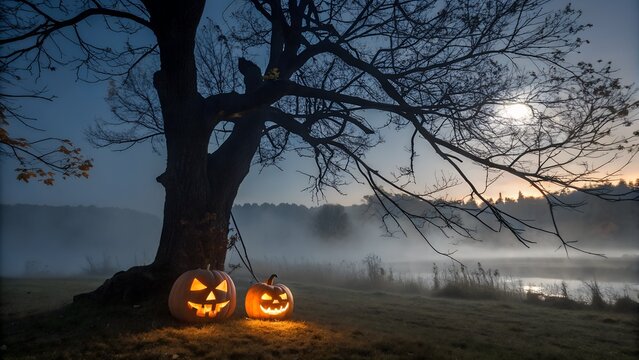 Halloween pumpkins under a spooky tree at moonlight