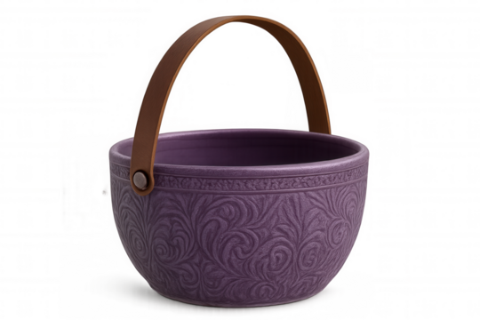 Purple ceramic bowl featuring leather handle, photographed in studio setting with transparent backdrop, highlighting design versatility