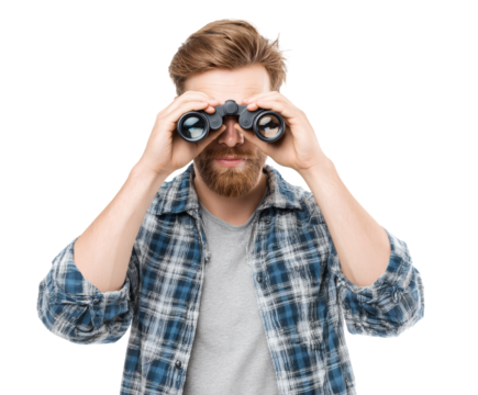 Curious man uses binoculars to observe something in the distance