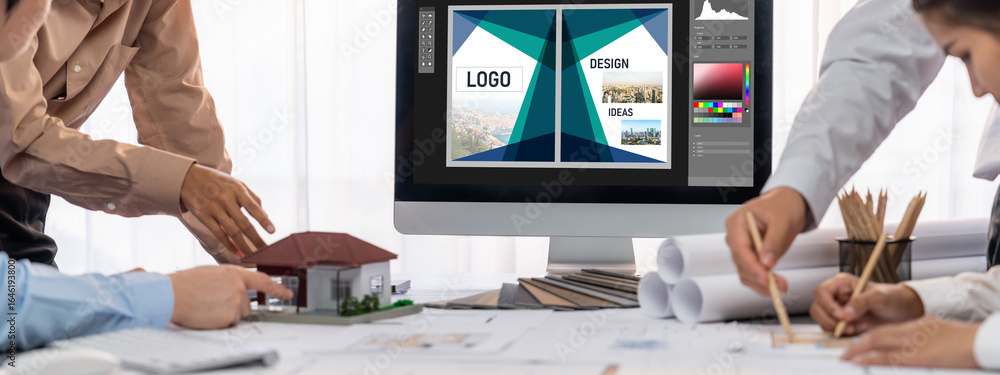 Poster group of interior architect designer discussing together on blueprint and laptop screen display arch
