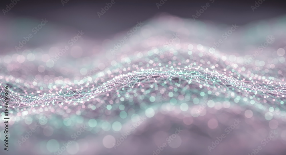 Poster abstract digital network: glowing dots and lines, futuristic, bokeh effect, data visualization.