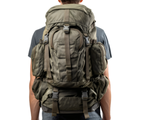 A man wears a large olive green hiking backpack, ready for adventure and travel.