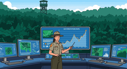 Forest Ranger Monitoring Deforestation Rate With Technology Illustration