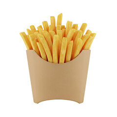 Fresh golden french fries in plain brown paper container isolated on white background

