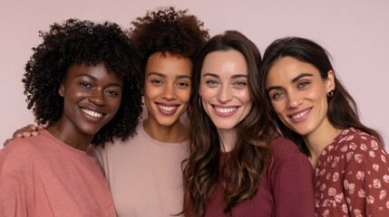 Fototapeta premium Four diverse women smiling together in studio portrait promoting diversity and inclusion