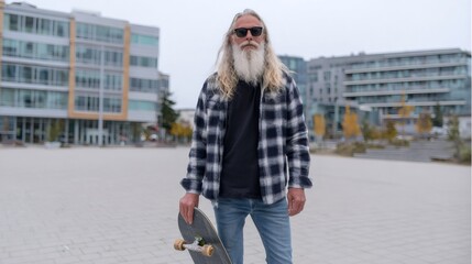 Obraz premium Stylish senior man holding skateboard in urban setting