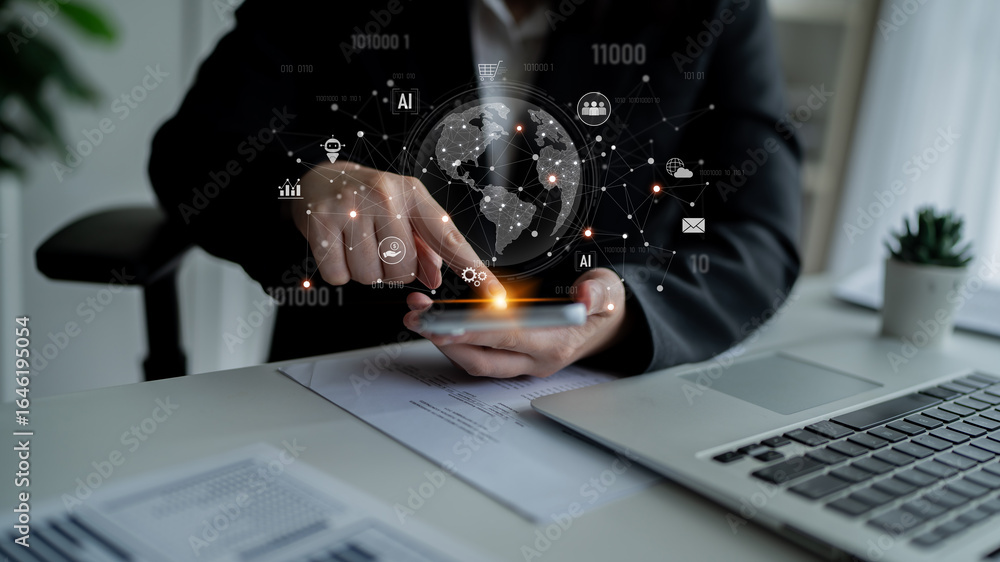 Poster global ai-powered digital network ecosystem connecting data, finance, analytics, ecommerce, communic