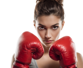 Confident woman with boxing gloves ready to face any challenge head-on.