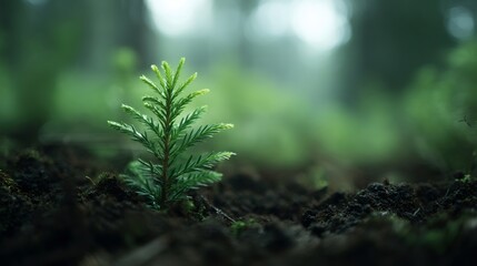 Small green sapling growing in fertile soil of forest
