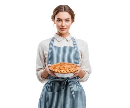 A woman proudly presents a freshly baked apple pie, ready to enjoy.