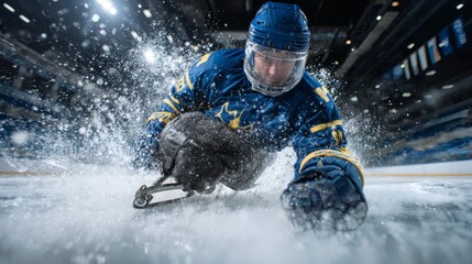 Para Ice Hockey Sled Player from Finland Racing Across the Rink

