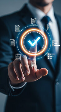 Photo of businessman touching a digital screen with a check mark surrounded by document icons representing business process management
