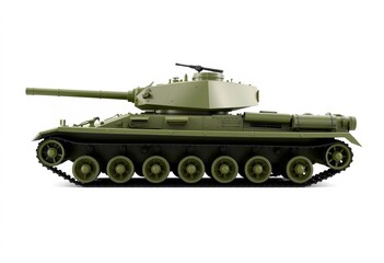 A lone, olive-green military tank, pristine and isolated against a stark white background,  power,  military