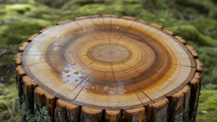 Fototapeta premium Close-up view of a freshly cut tree stump showing intricate wood grain and natural moisture in a forest setting