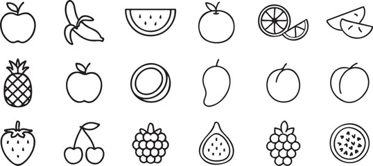 Simple Black Line Art Illustrations of Various Fruits