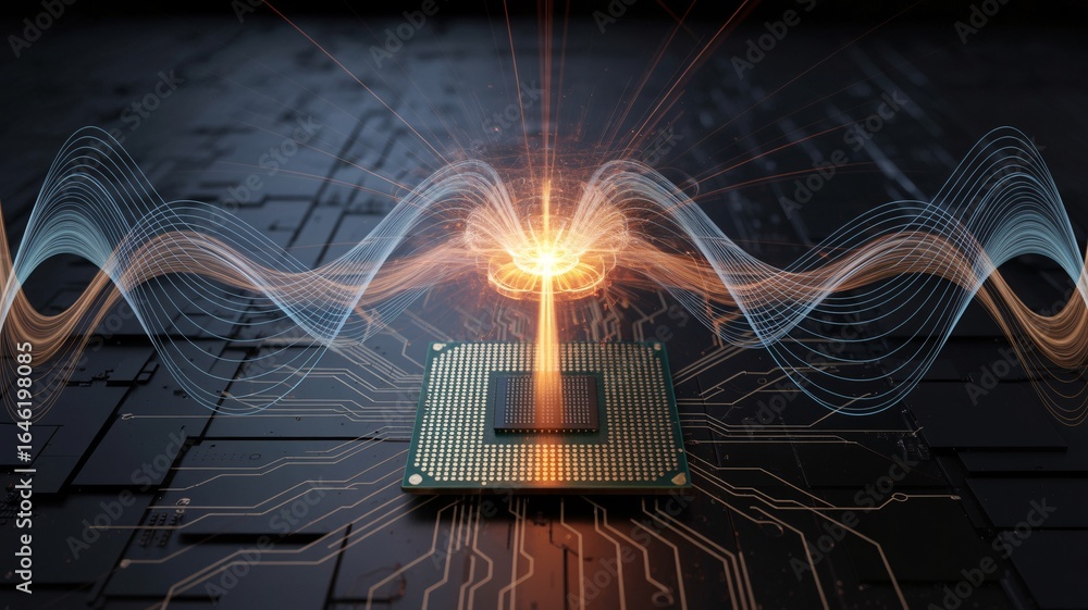 Poster abstract cpu processing with vibrant energy waves, symbolizing data flow and technological innovatio